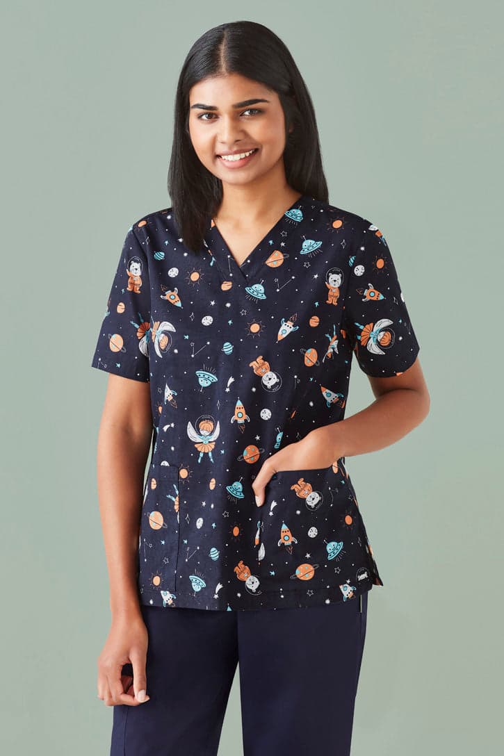 Womens Space Party Scrub Top in Midnight Navy